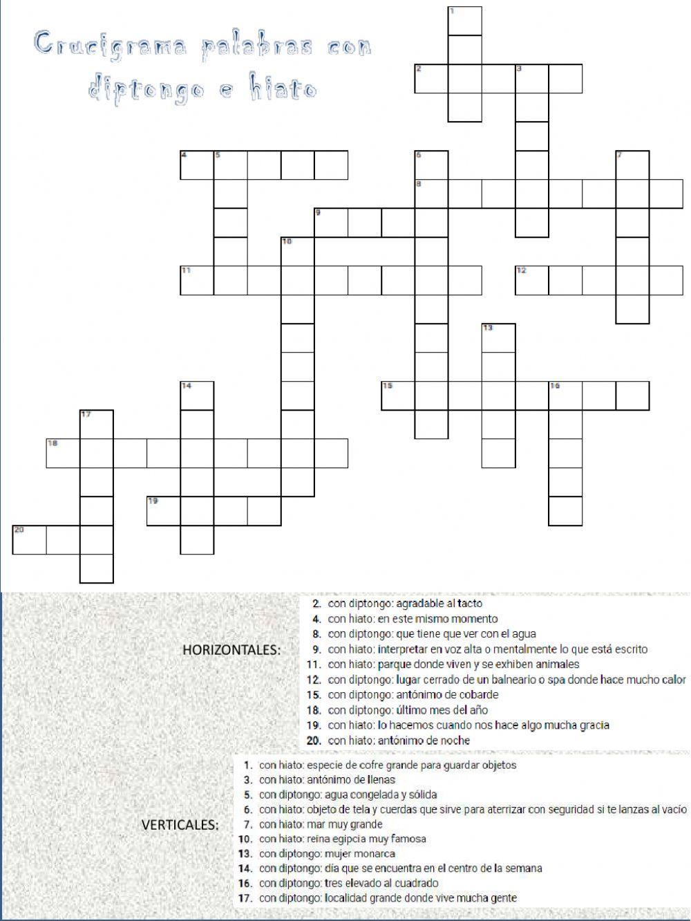 Crucigrama palabras con diptongo e hiato