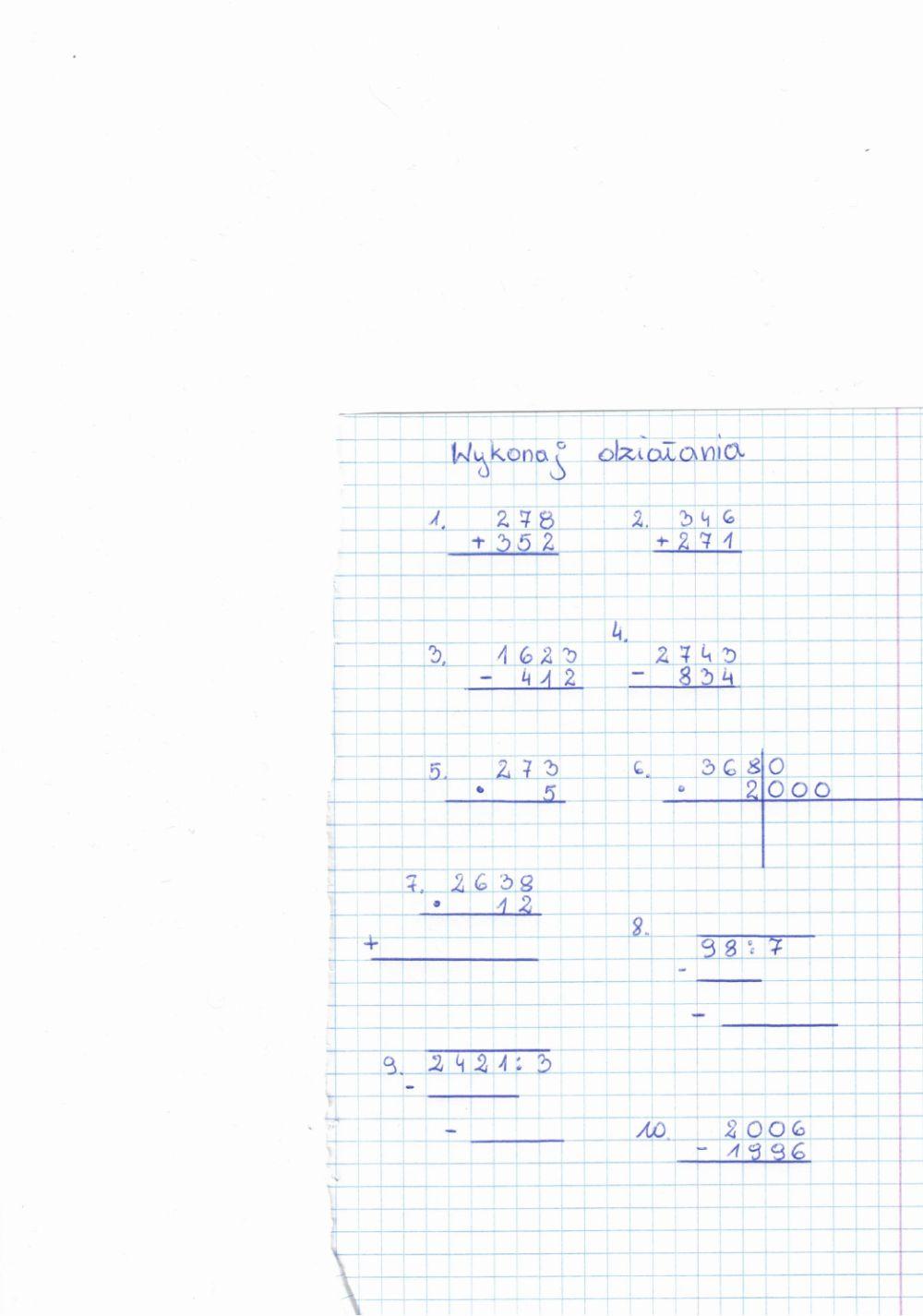 Działania pisemne kl.4