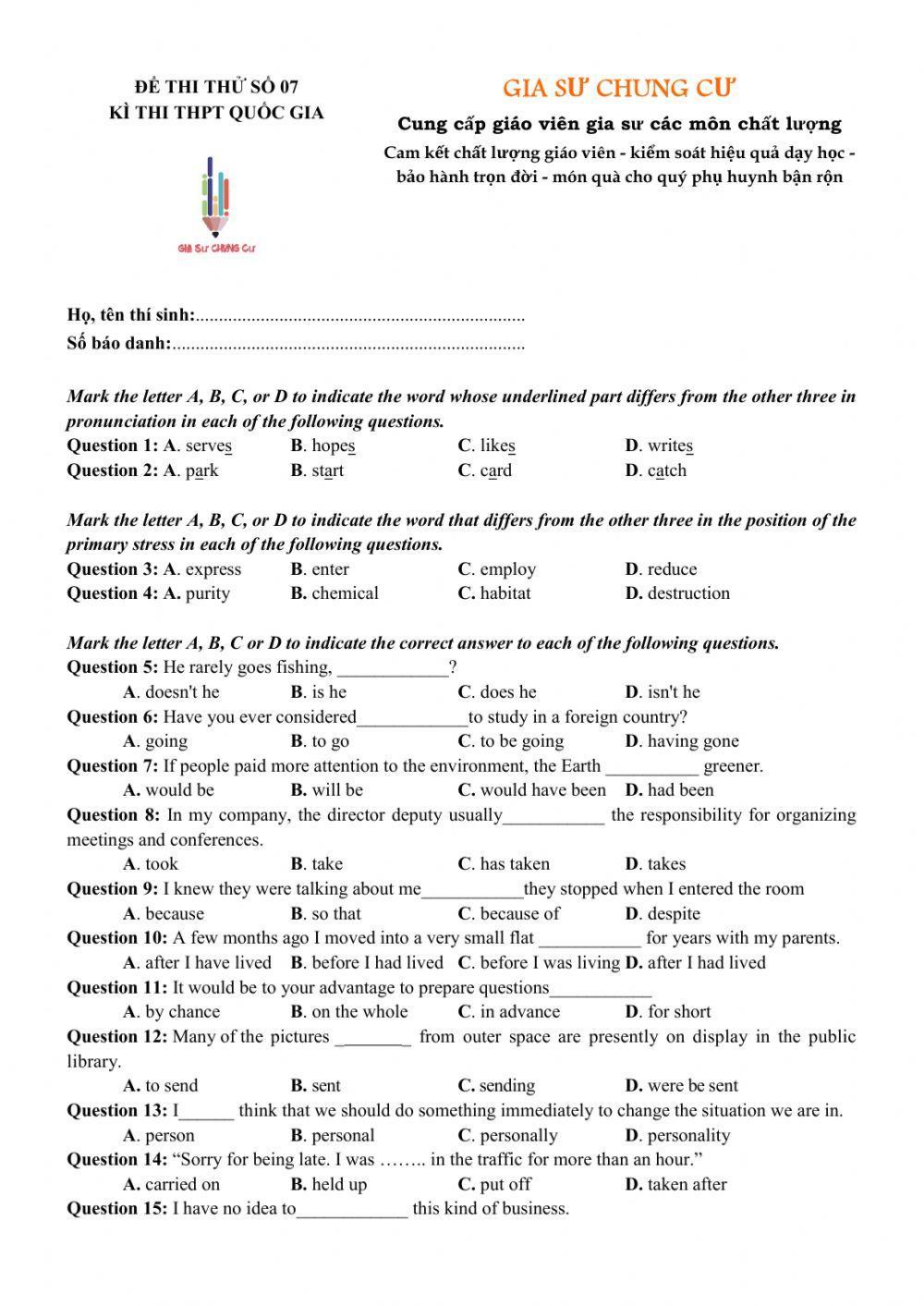 Đề thi thử THPT Quốc gia số 07