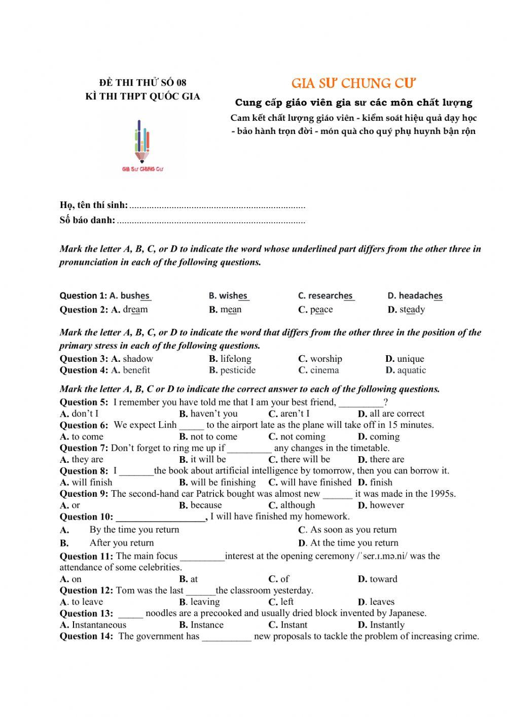 Đề thi thử THPT Quốc gia số 08