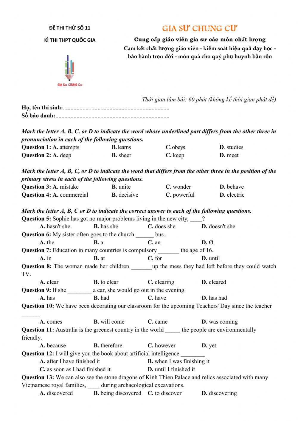 Đề thi thử THPT Quốc gia số 11