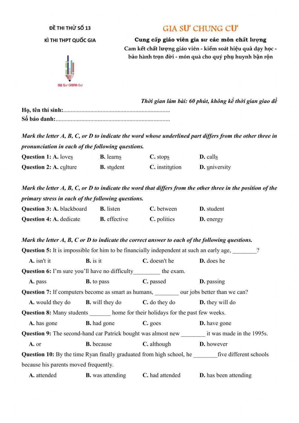Đề thi thử Tiếng Anh THPT Quốc gia số 13