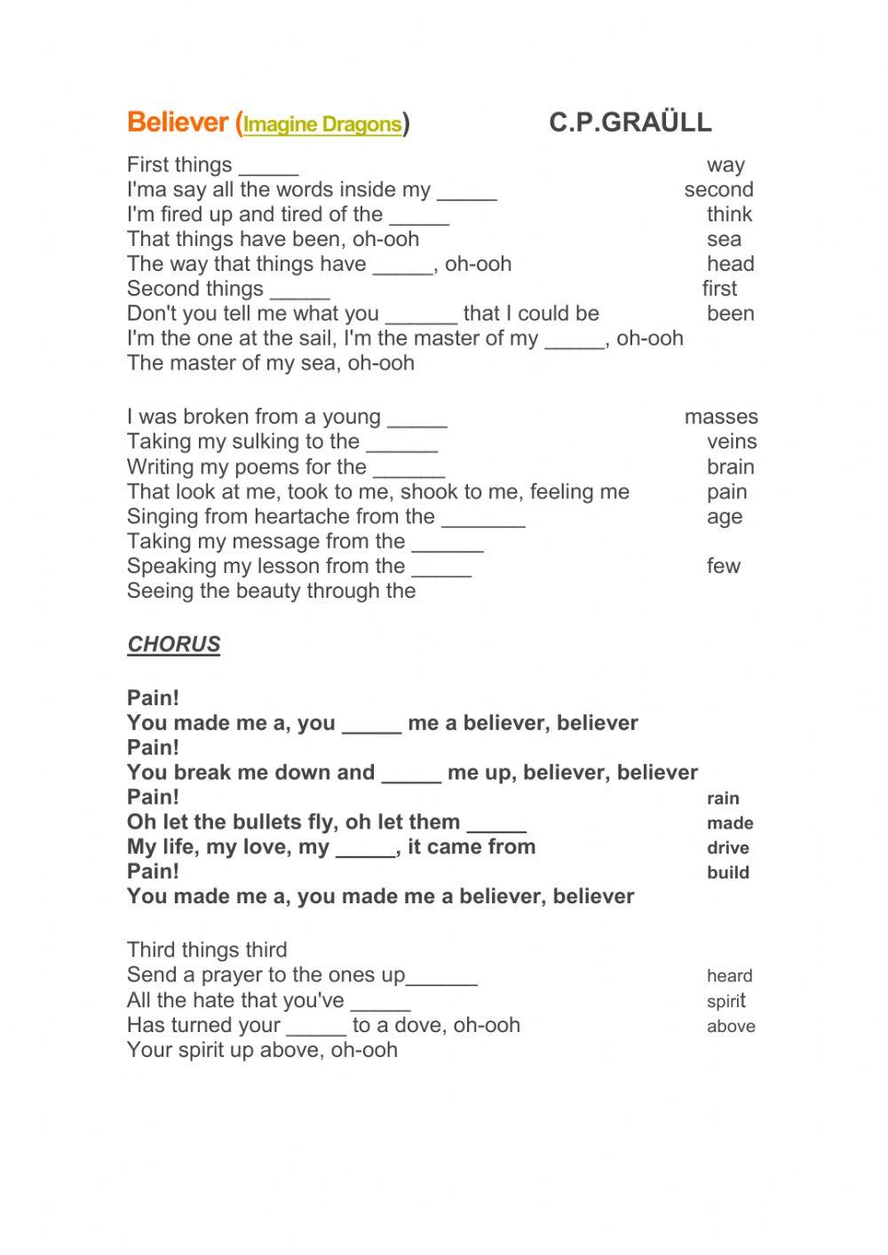 602812 believer song rafagraull liveworksheets