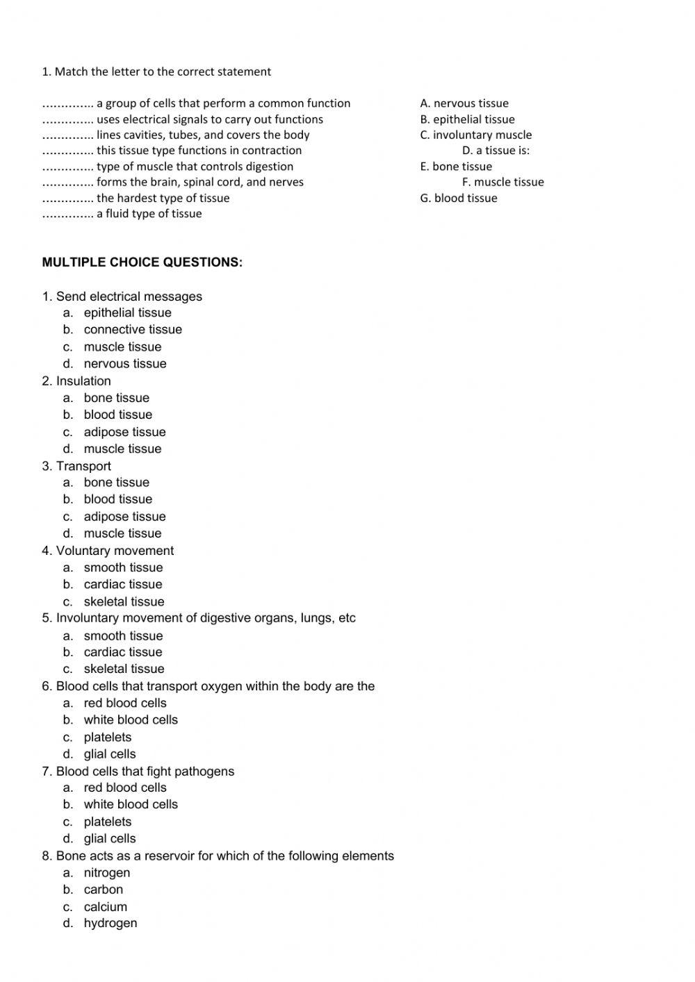 9th quiz animal tissues