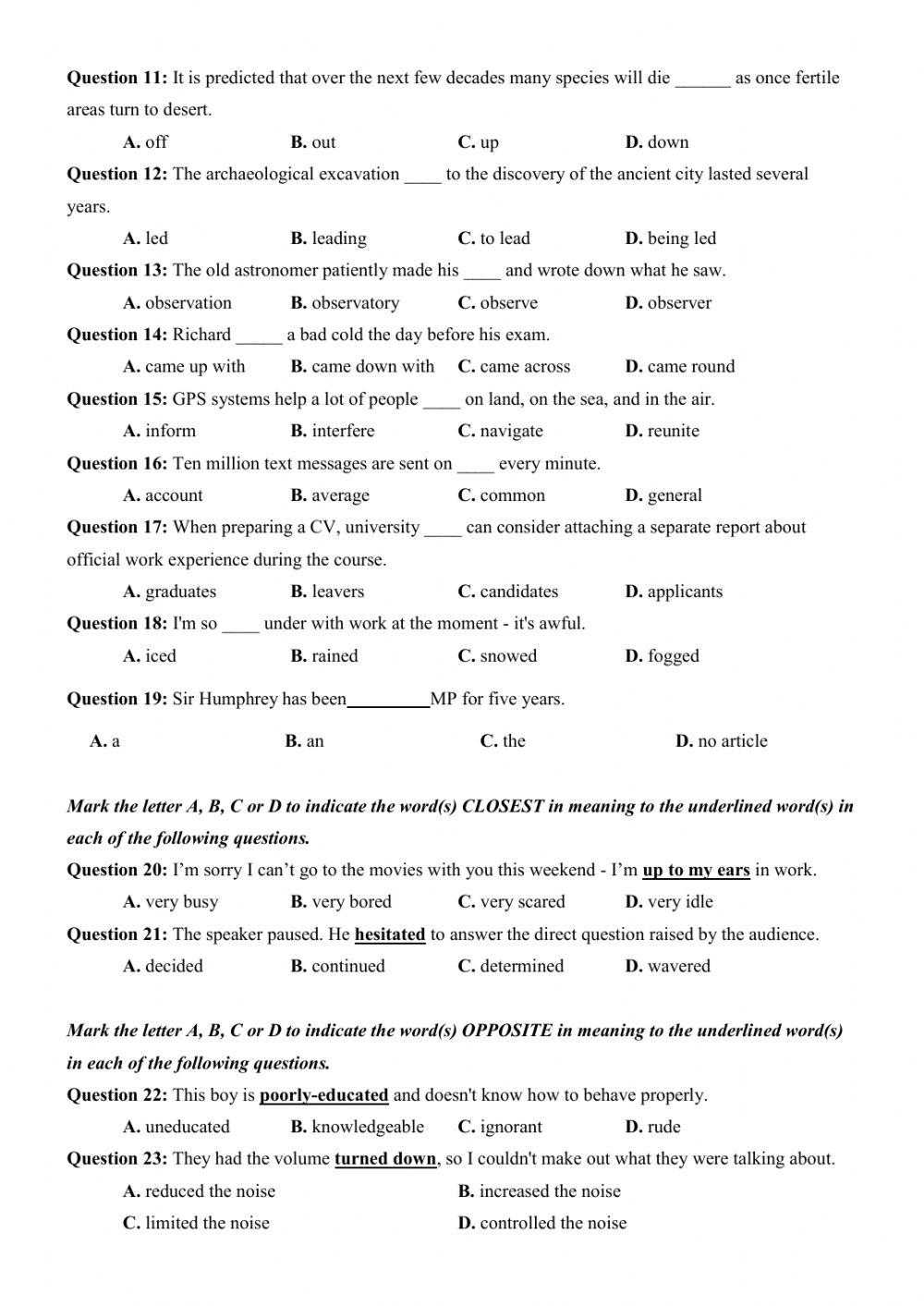 Đề thi thử Tiếng Anh THPT Quốc gia số 15