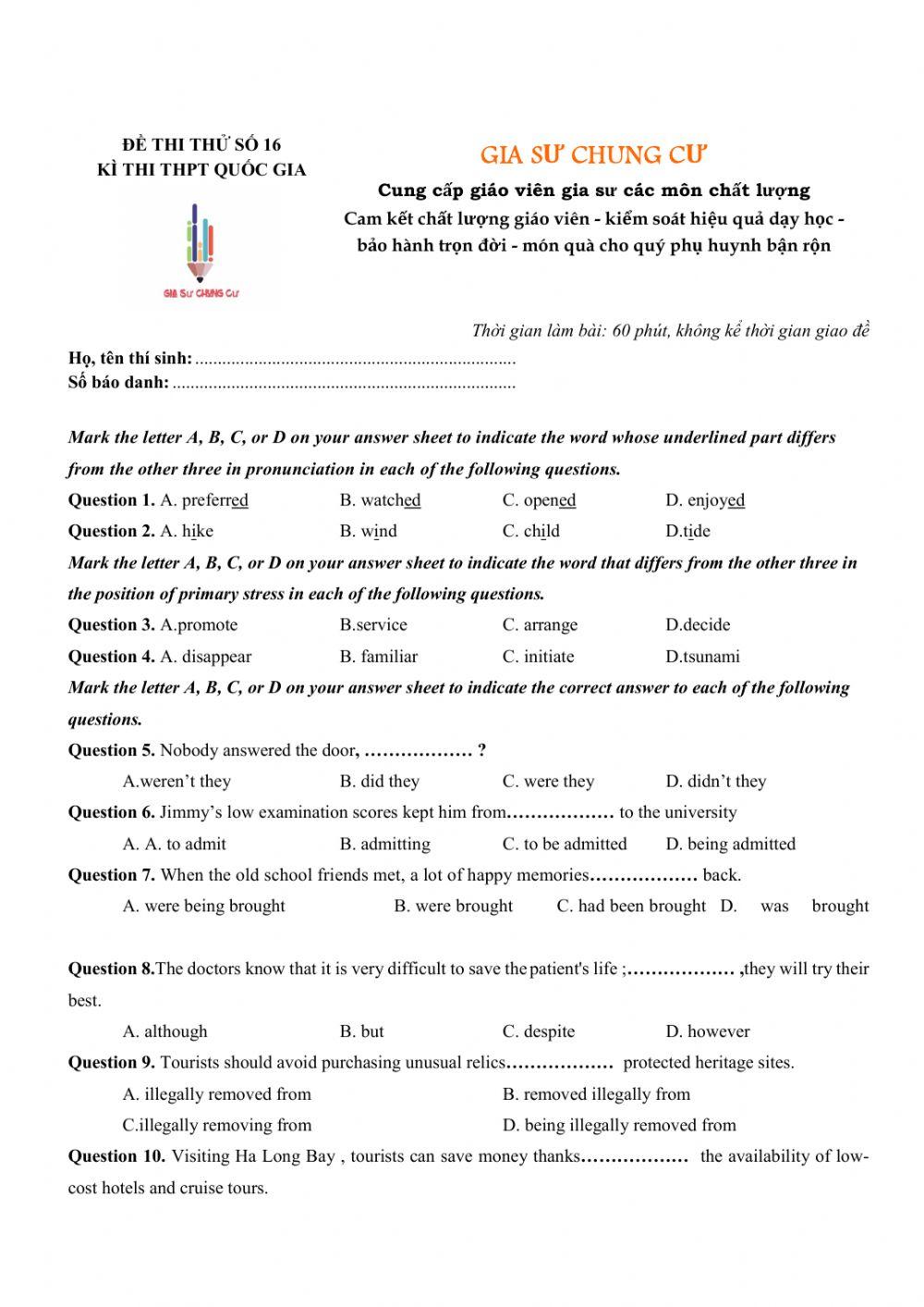 Đề thi thử Tiếng Anh THPT Quốc gia số 16