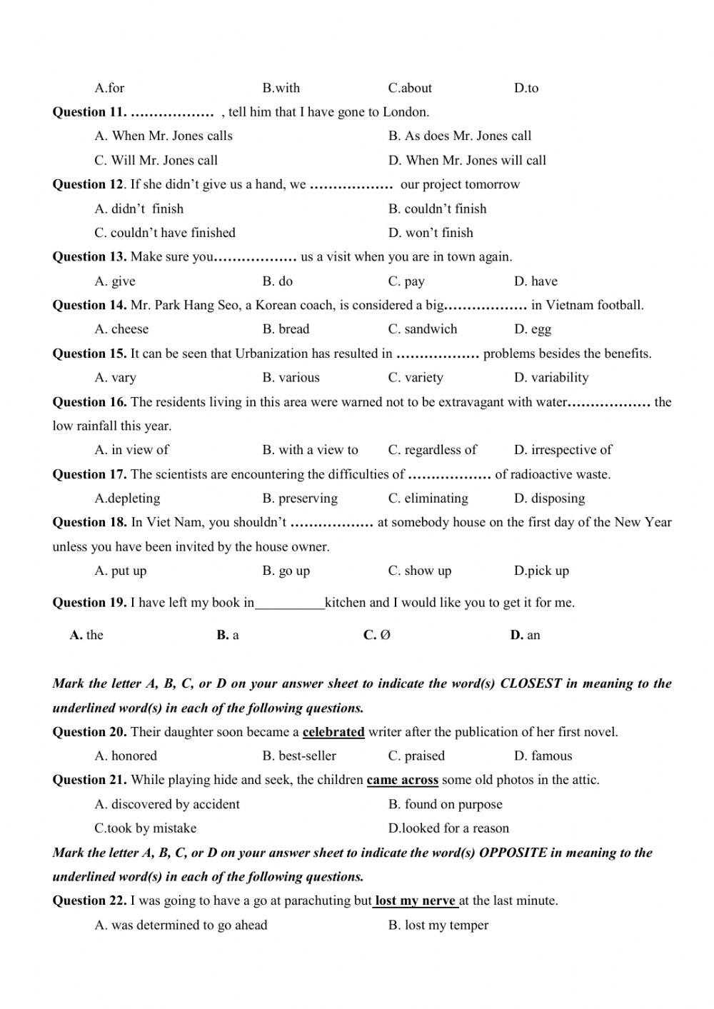 Đề thi thử Tiếng Anh THPT Quốc gia số 16