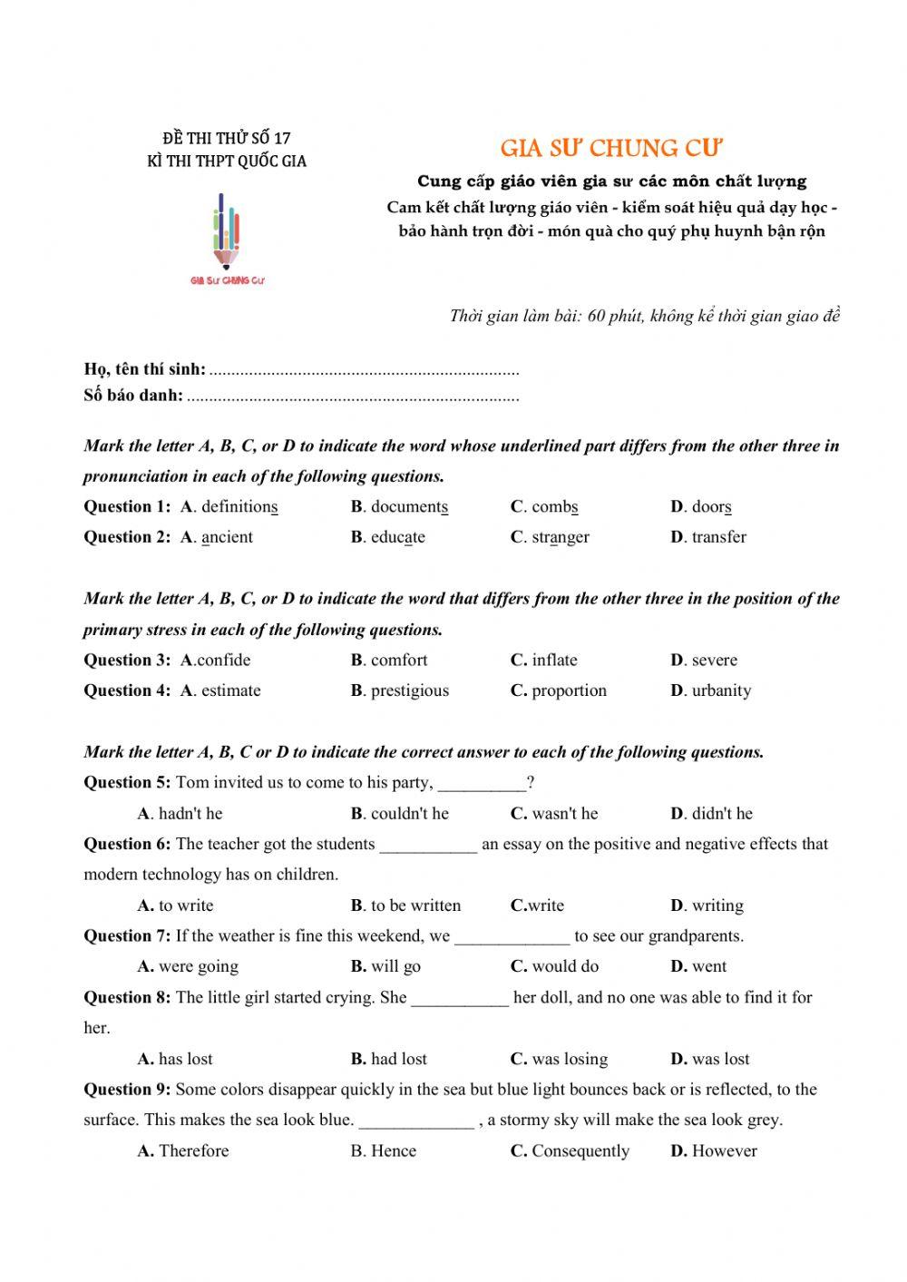 Đề thi thử Tiếng Anh THPT Quốc gia số 17