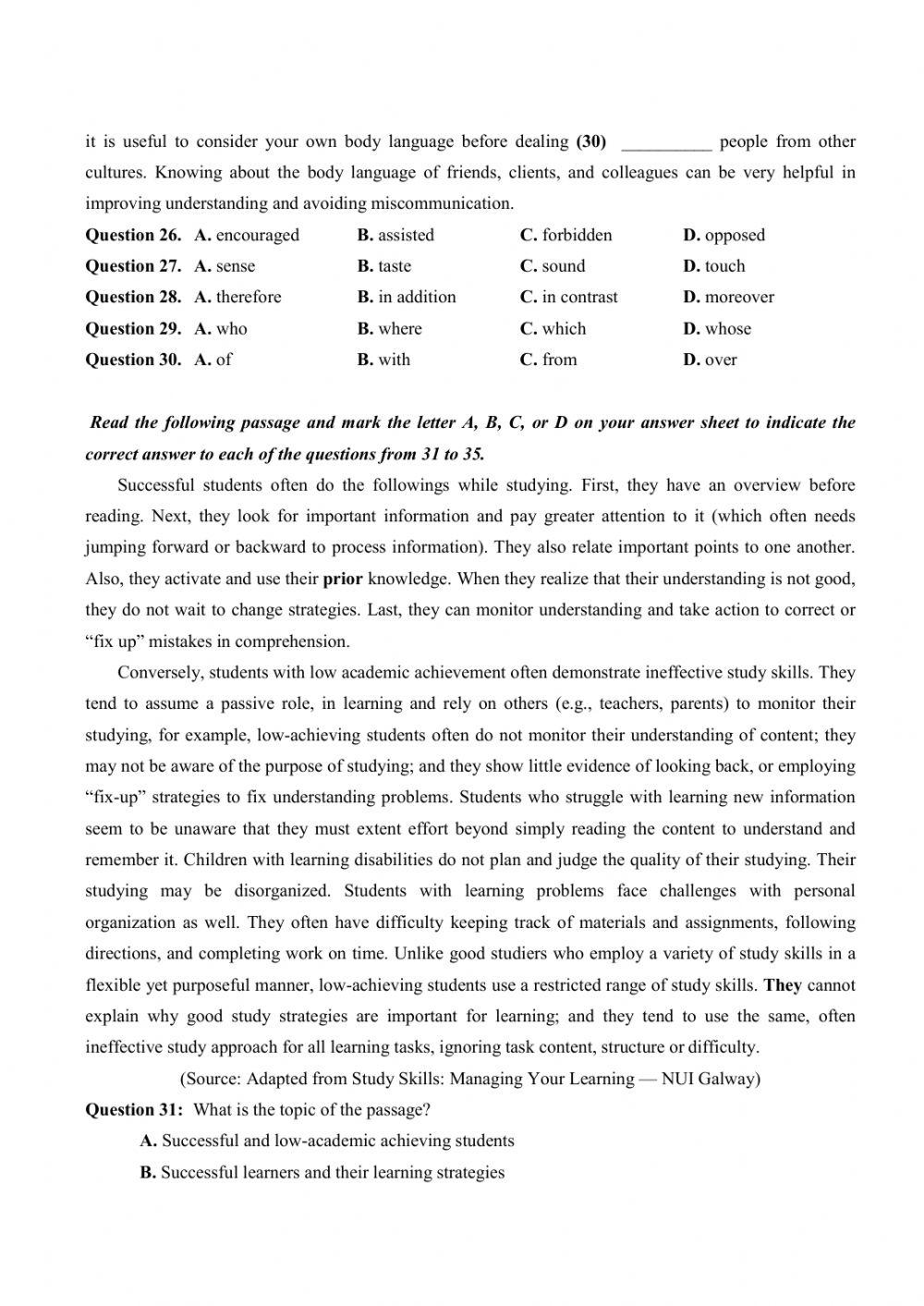 Đề thi thử Tiếng Anh THPT Quốc gia số 17