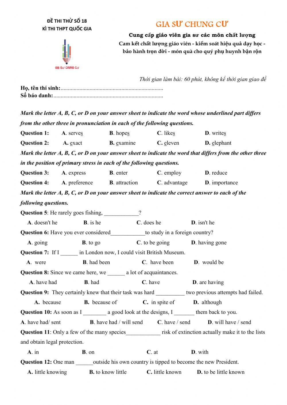 Đề thi thử Tiếng Anh THPT Quốc gia số 18