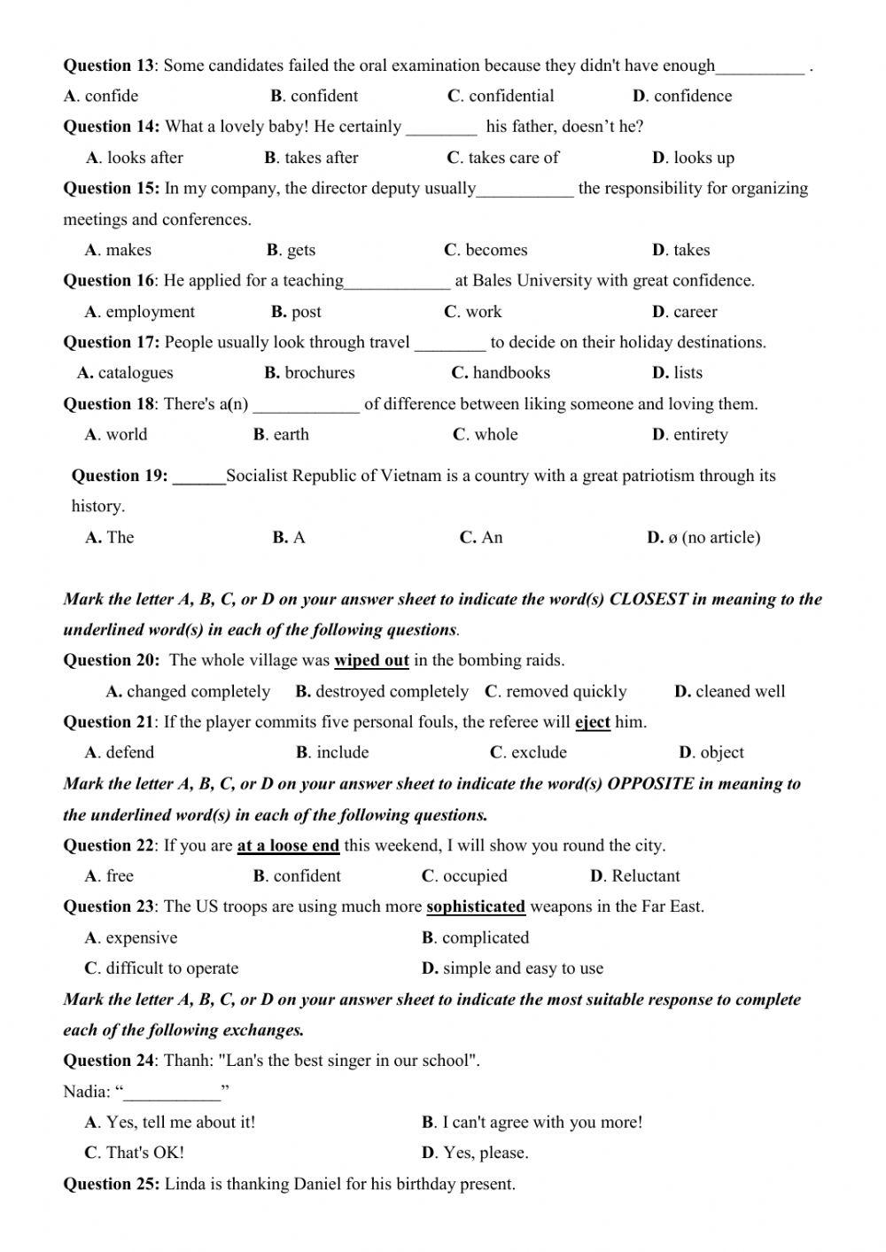 Đề thi thử Tiếng Anh THPT Quốc gia số 18