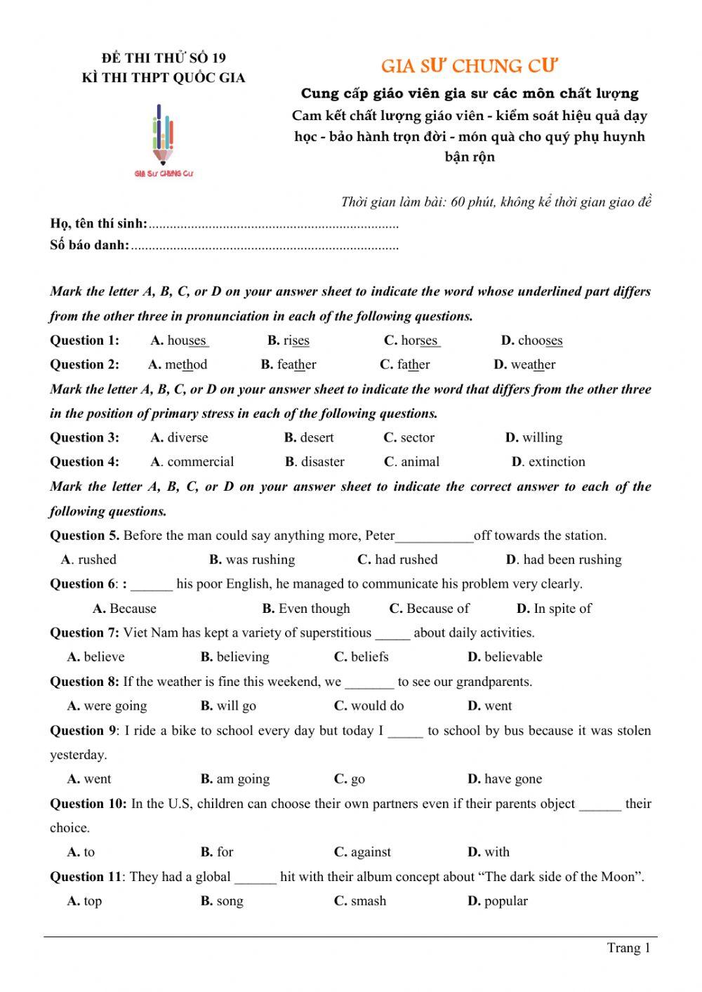 Đề thi thử Tiếng Anh THPT Quốc gia số 19