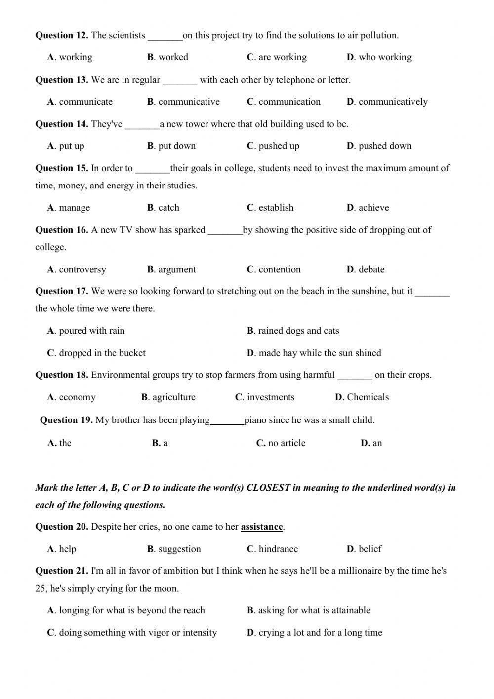 Đề thi thử Tiếng Anh THPT Quốc gia số 20