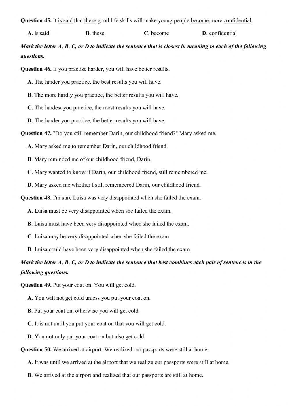 Đề thi thử Tiếng Anh THPT Quốc gia số 20