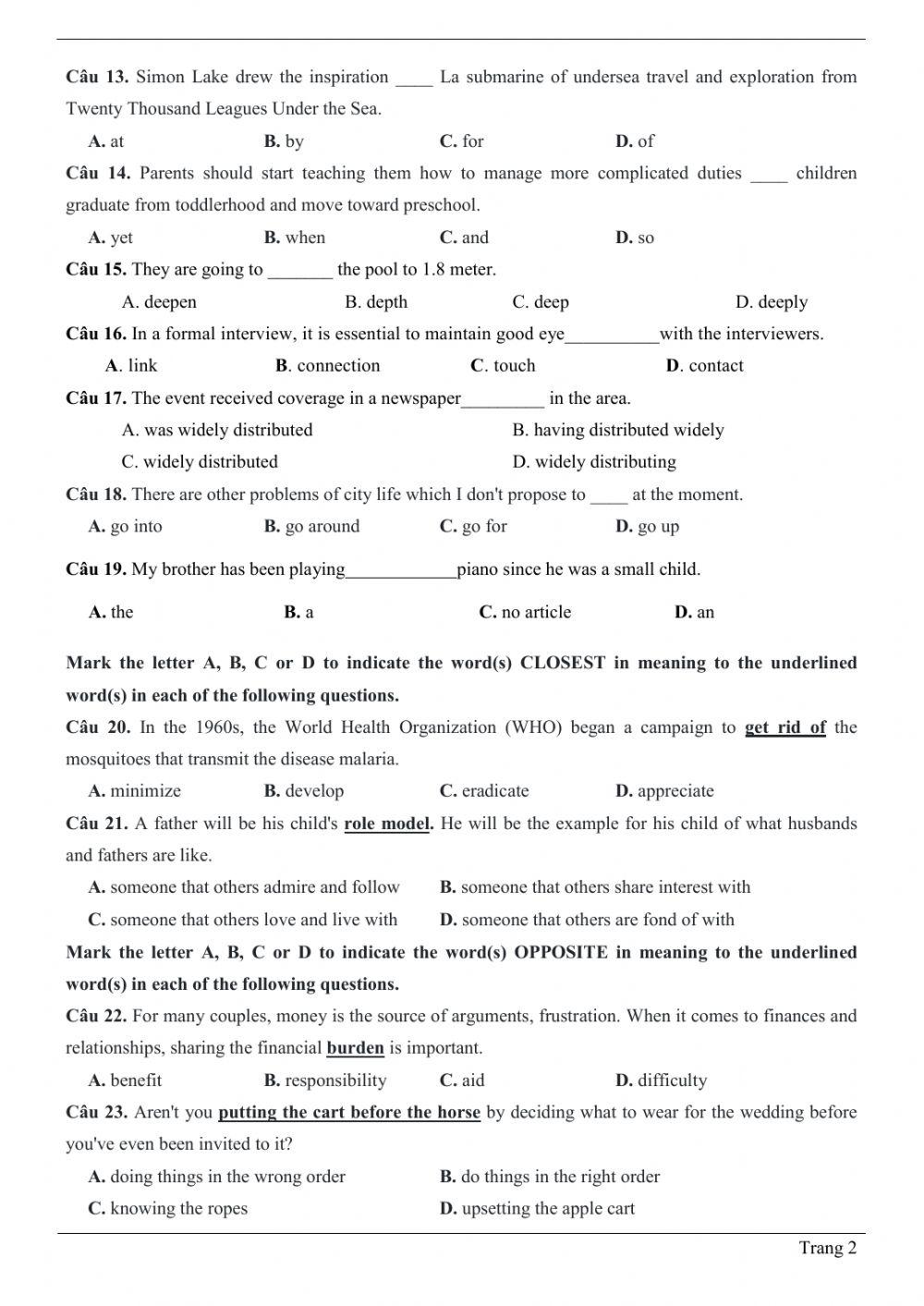Đề thi thử Tiếng Anh THPT Quốc gia số 21