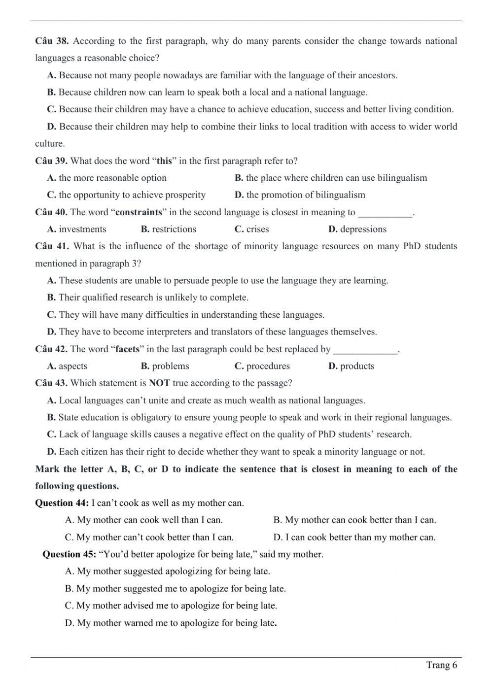 Đề thi thử Tiếng Anh THPT Quốc gia số 21