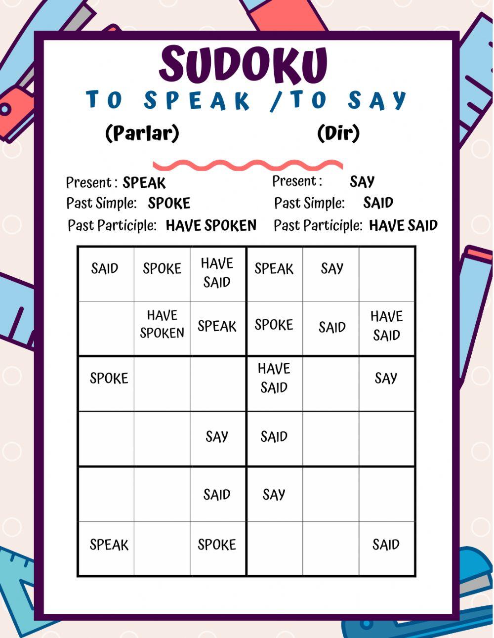 Sudoku verbs To speak - To say