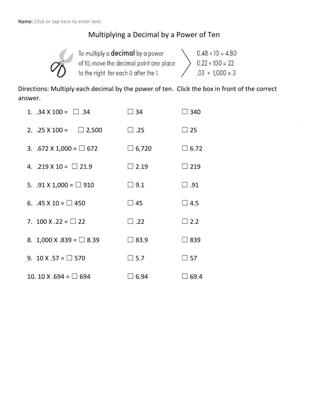 Multiplying a Decimal by Powers of Ten Multiple Choice