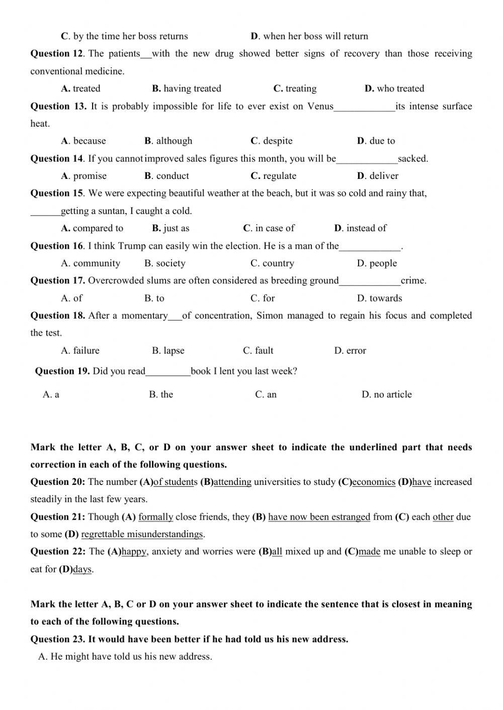 Đề thi thử Tiếng Anh THPT Quốc gia số 23
