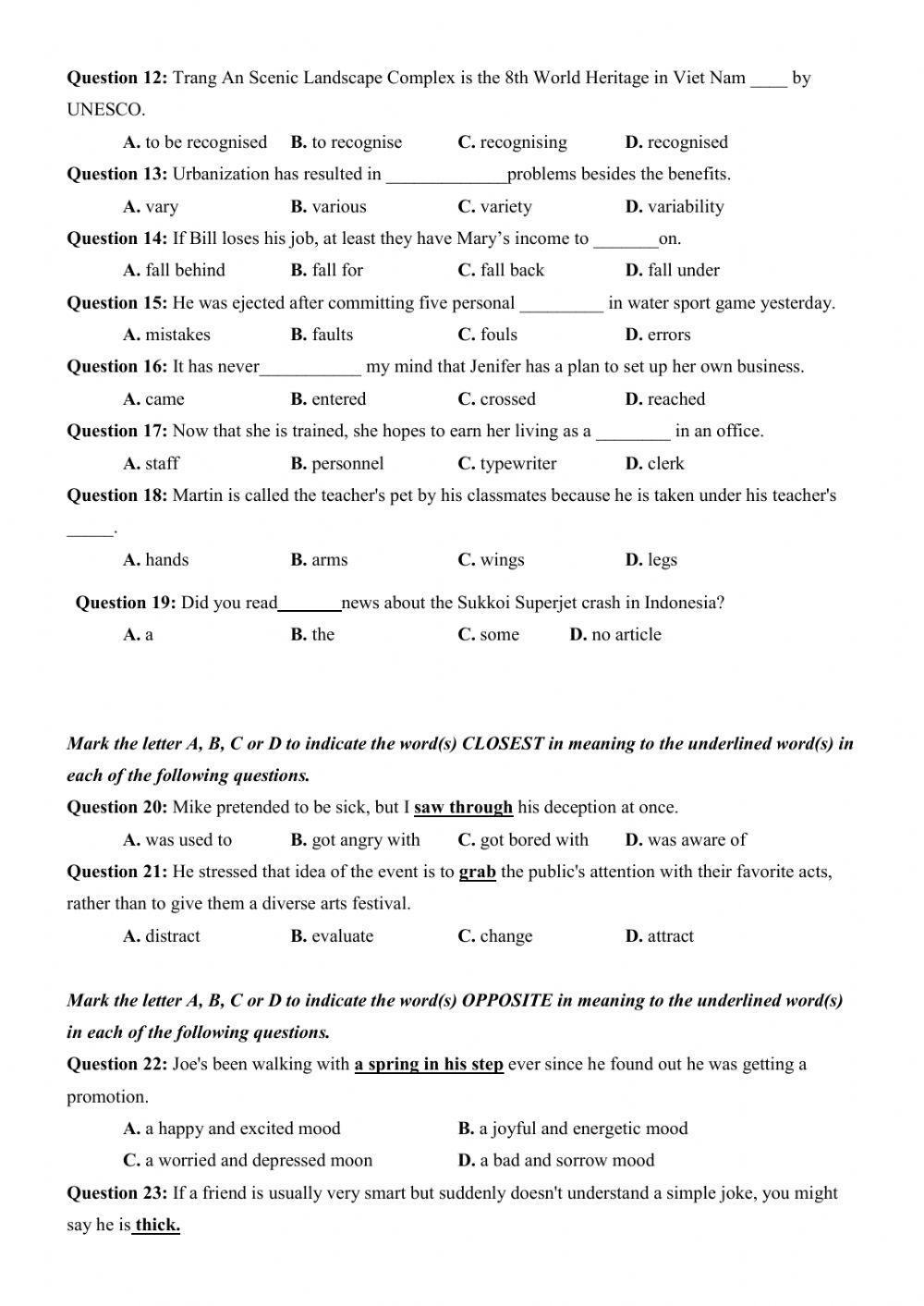 Đề thi thử Tiếng Anh THPT Quốc gia số 25