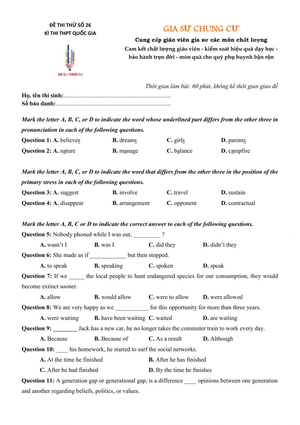 Đề thi thử Tiếng Anh THPT Quốc gia số 26