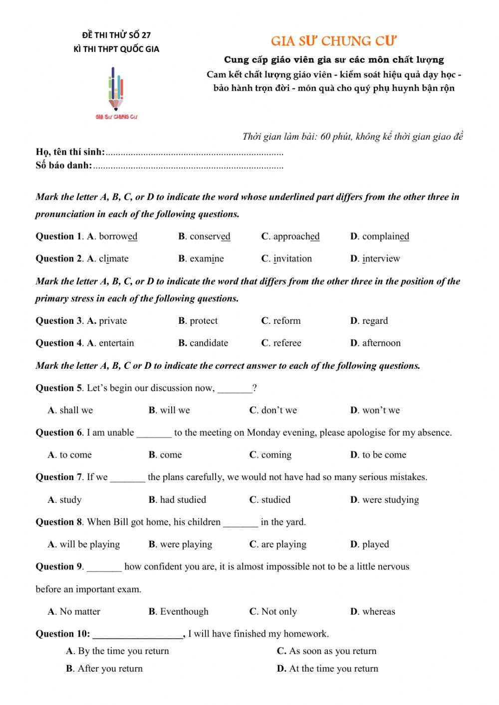Đề thi thử Tiếng Anh THPT Quốc gia số 27