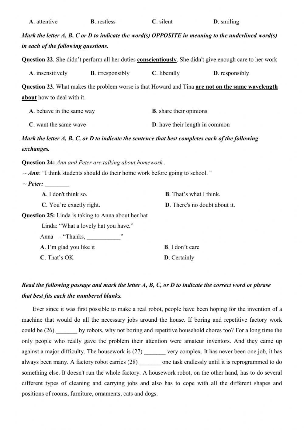 Đề thi thử Tiếng Anh THPT Quốc gia số 27