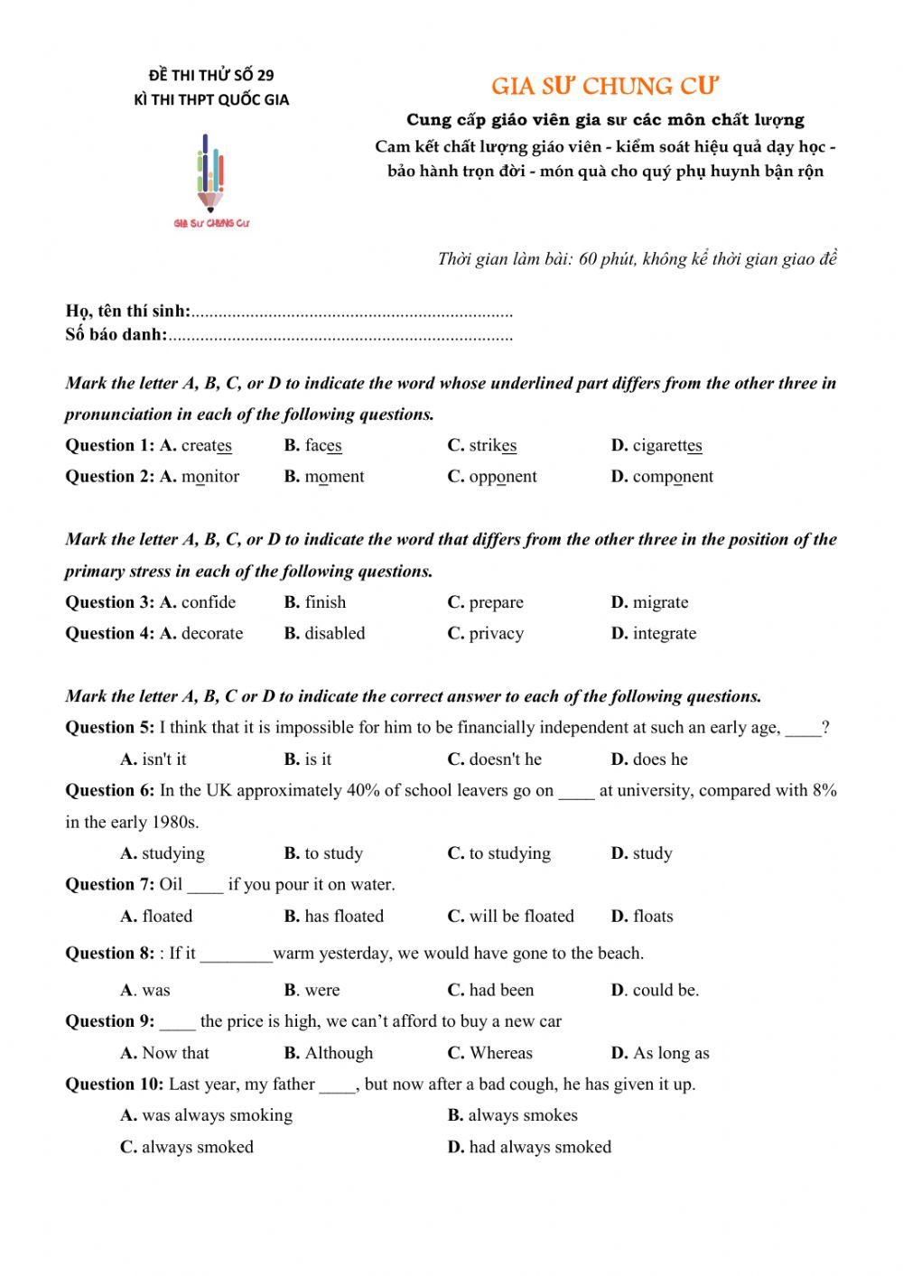 Đề thi thử Tiếng Anh THPT Quốc gia số 29