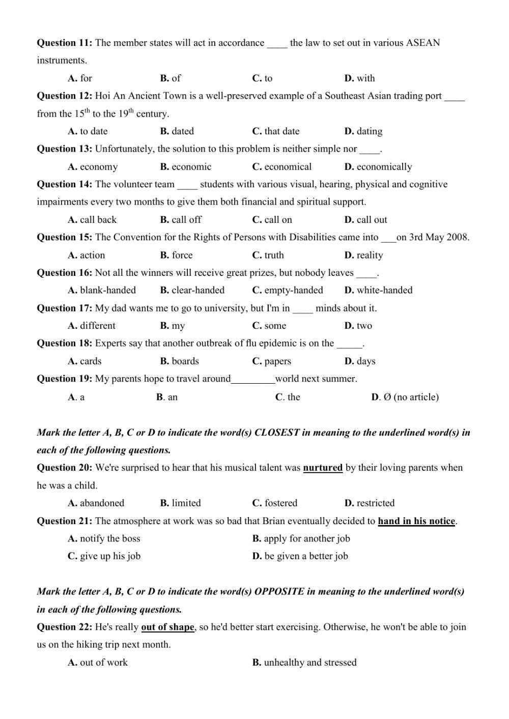 Đề thi thử Tiếng Anh THPT Quốc gia số 29