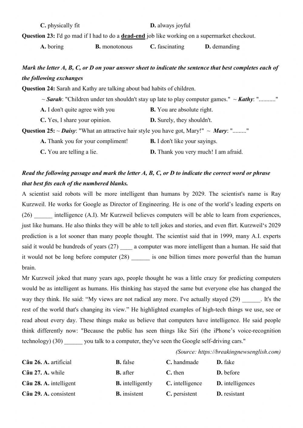 Đề thi thử Tiếng Anh THPT Quốc gia số 29
