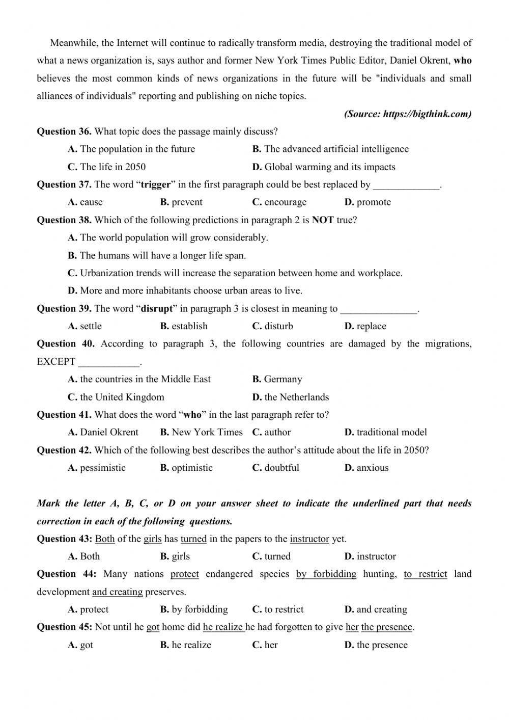 Đề thi thử Tiếng Anh THPT Quốc gia số 29