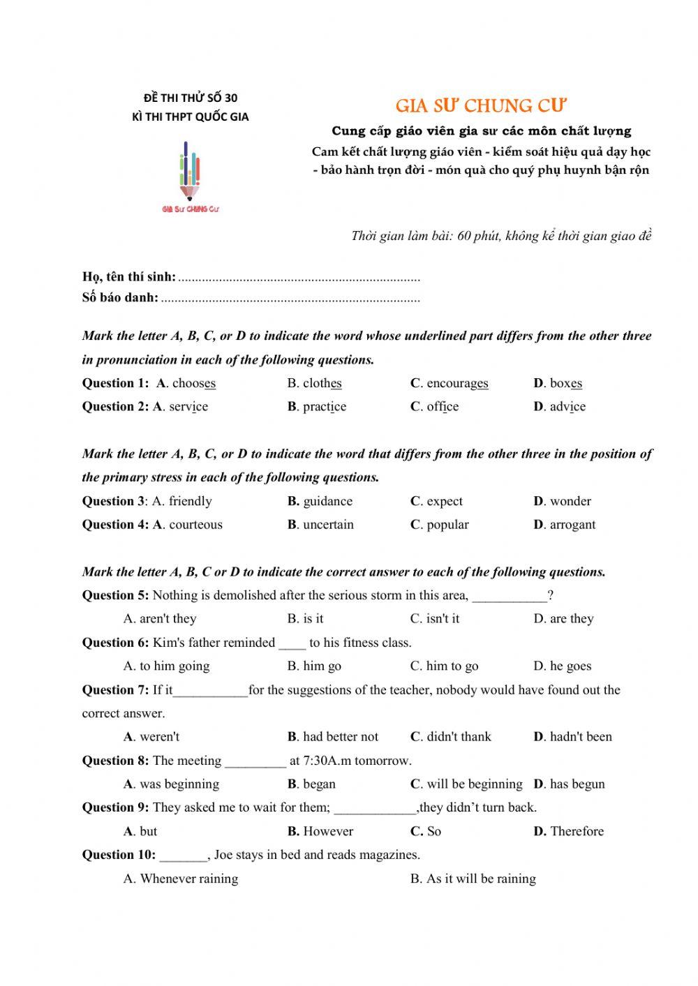 Đề thi thử Tiếng Anh THPT Quốc gia số 30
