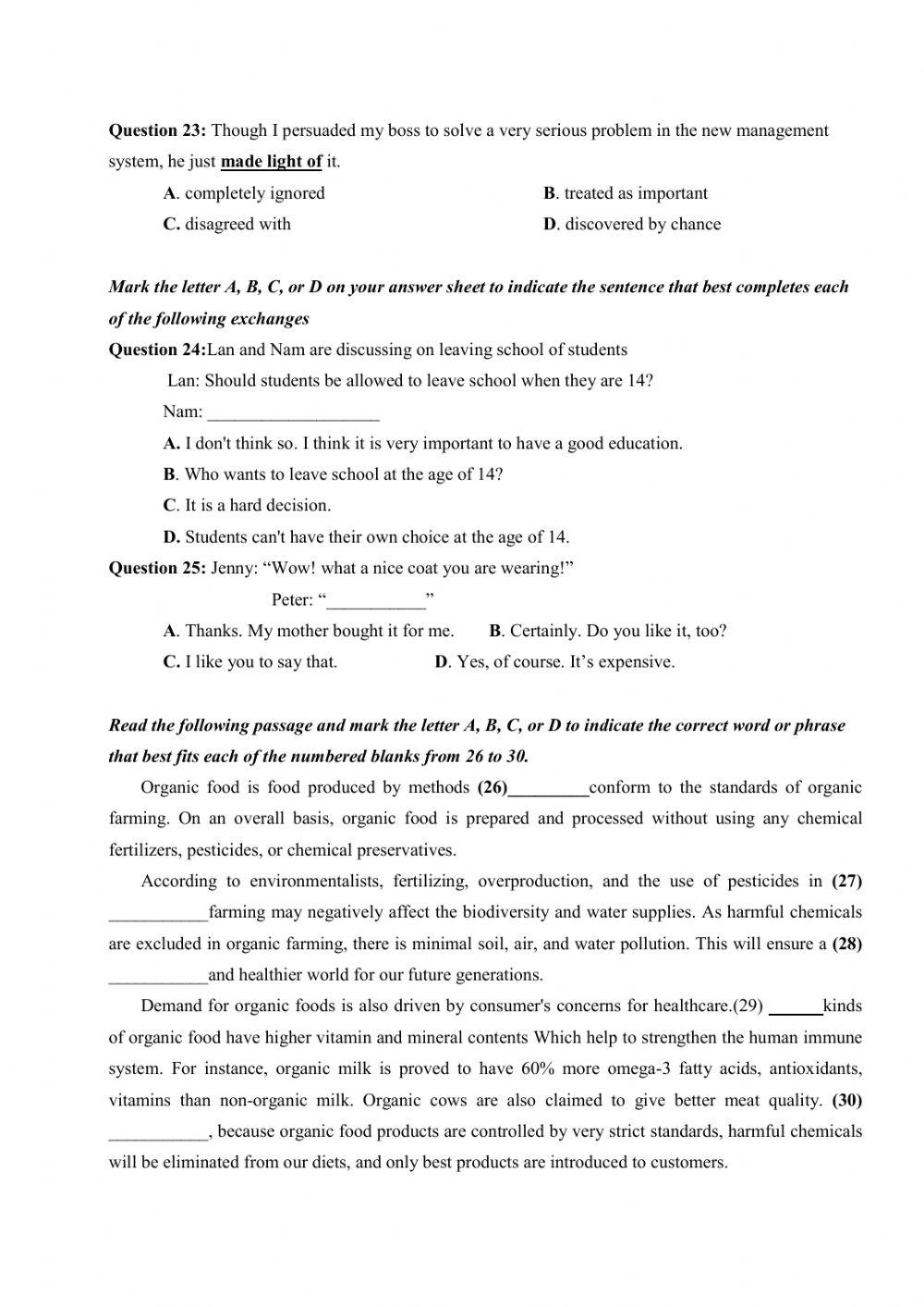 Đề thi thử Tiếng Anh THPT Quốc gia số 30