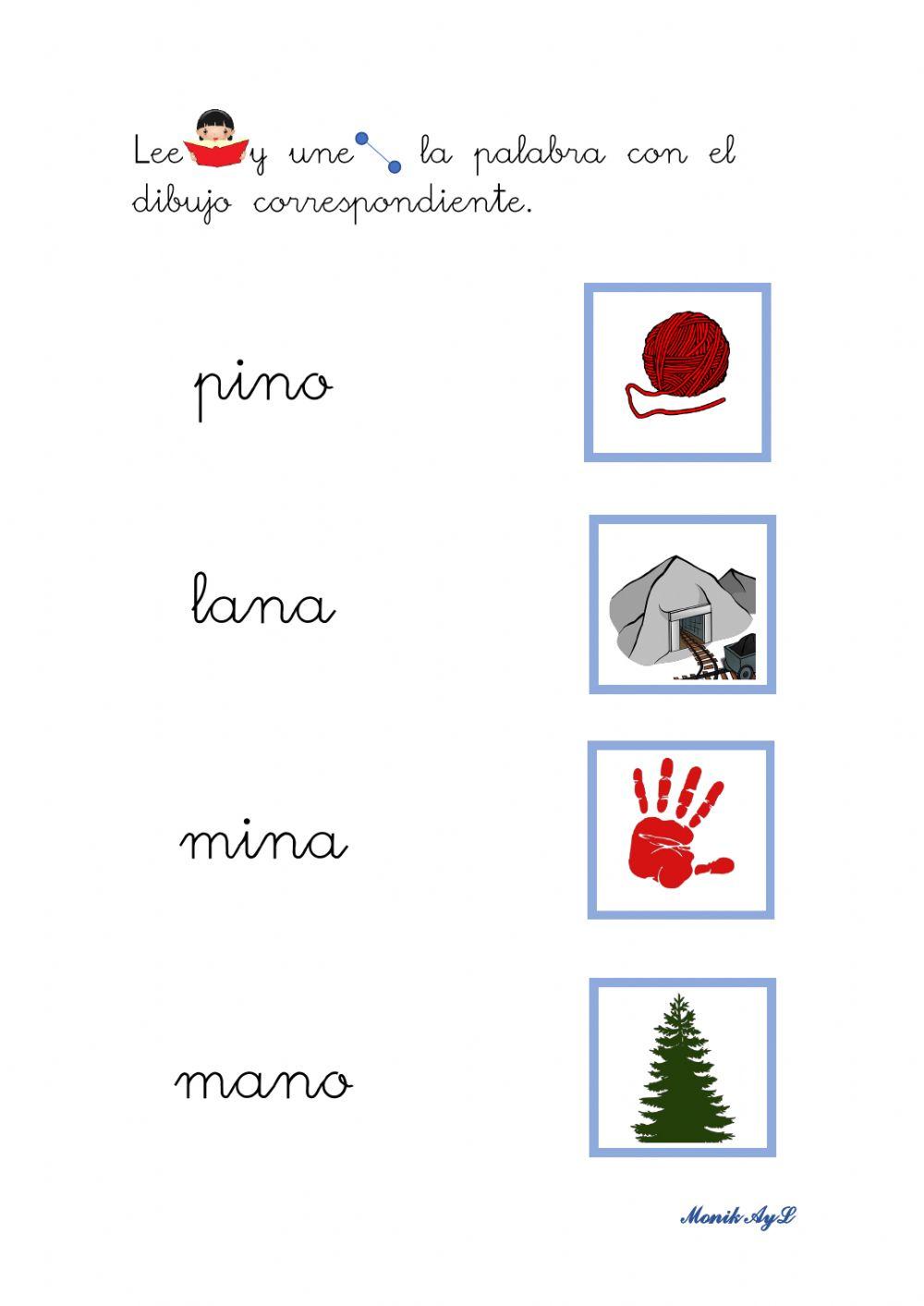 Lectura 10 p - m - l - s - t - d - n. Asociación palabra - dibujo.