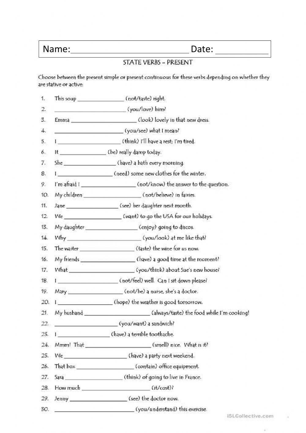 Stative verbs activitie