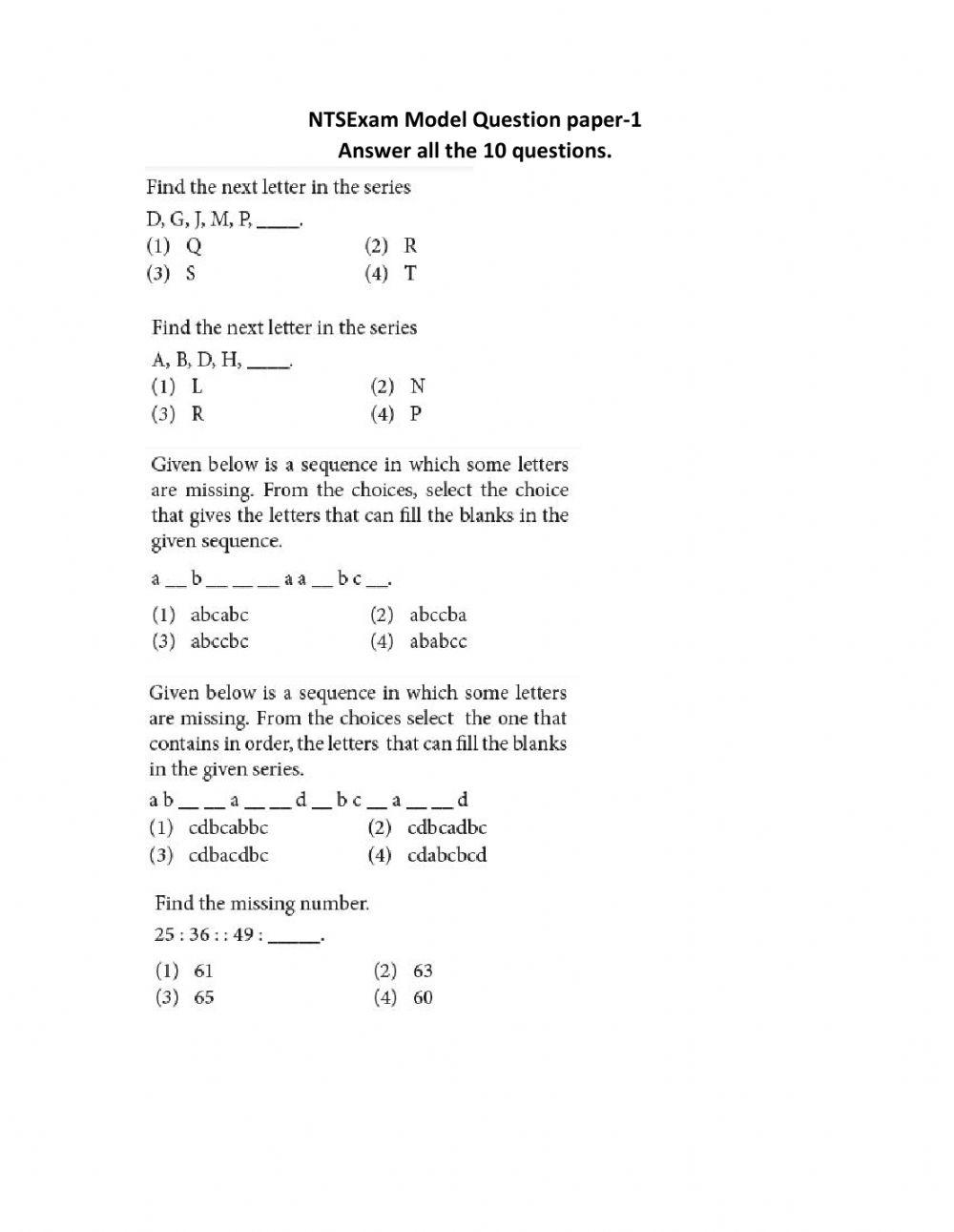 Ntse exam model question paper