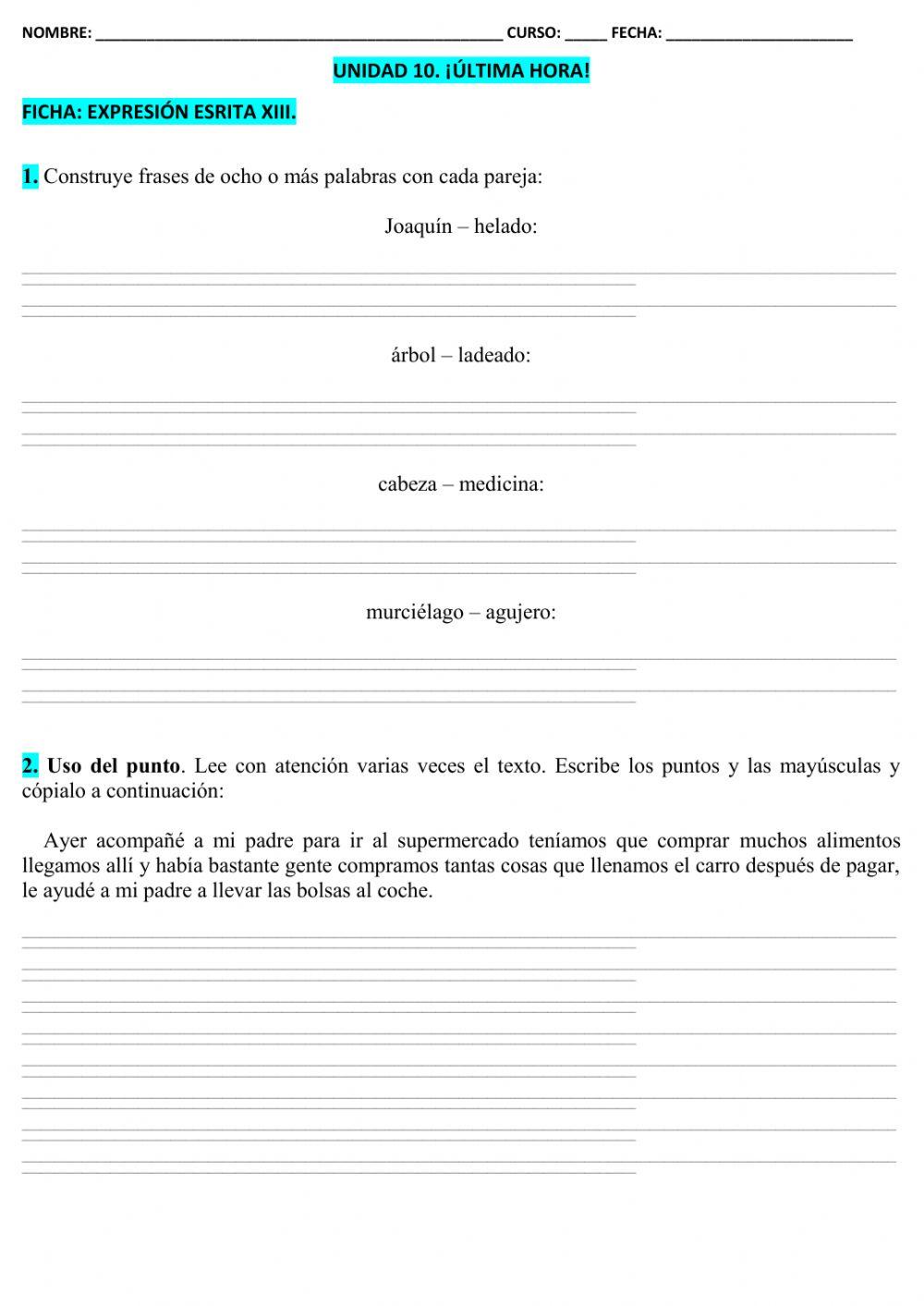 Ficha EXPRESIÓN ESCRITA XII T-10 5º EPO
