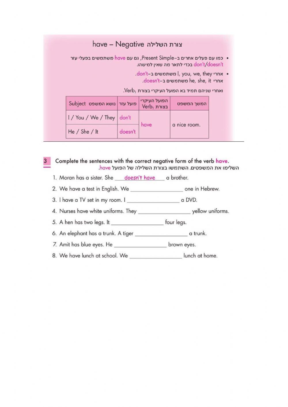 Have has negative online exercise for Live Worksheets