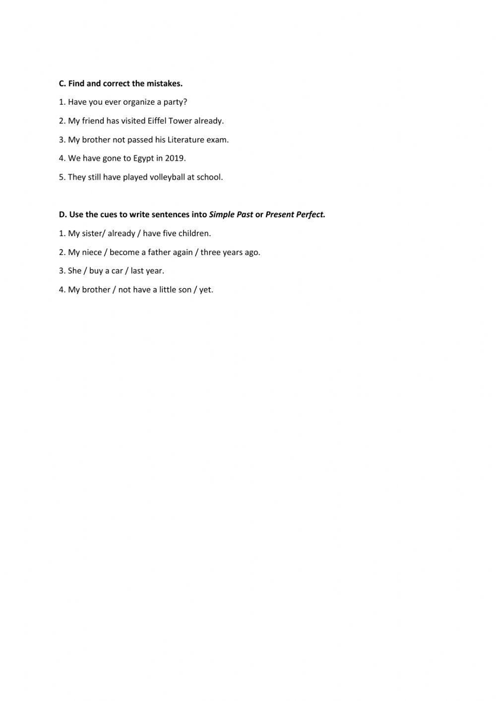 Past Simple vs Present Perfect Worksheet