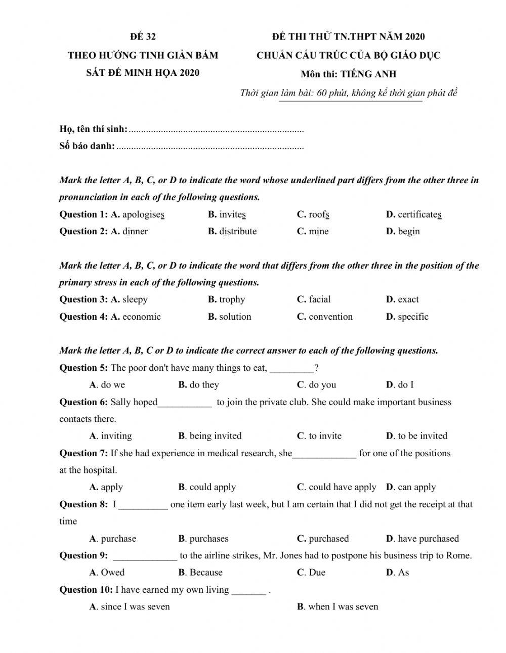 De thi thu tn.thpt tieng anh 2020 - de 32