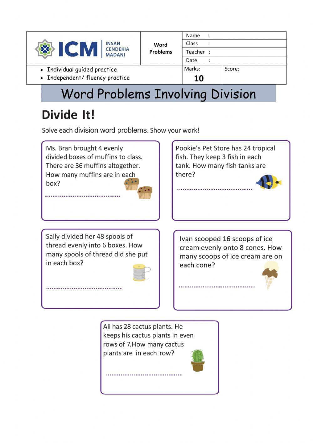 Solving word problems involving division Solving word problems involving division