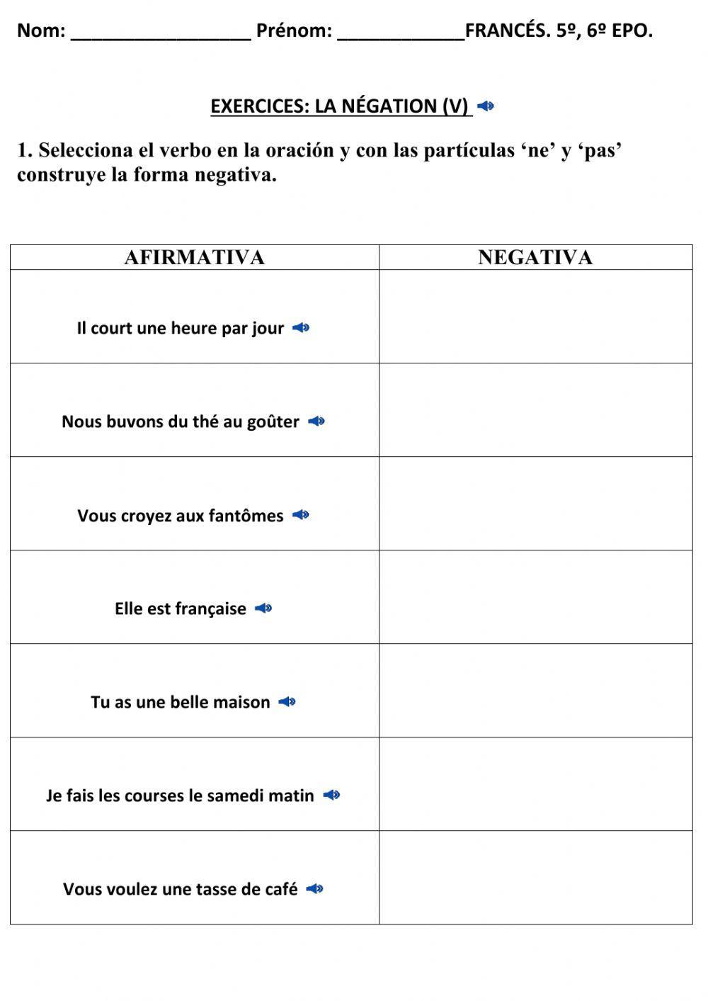 Ficha LA NEGACIÓN (V) FRANCÉS