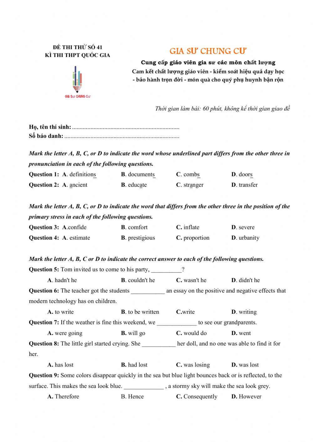 Đề thi thử Tiếng Anh THPT Quốc gia số 41