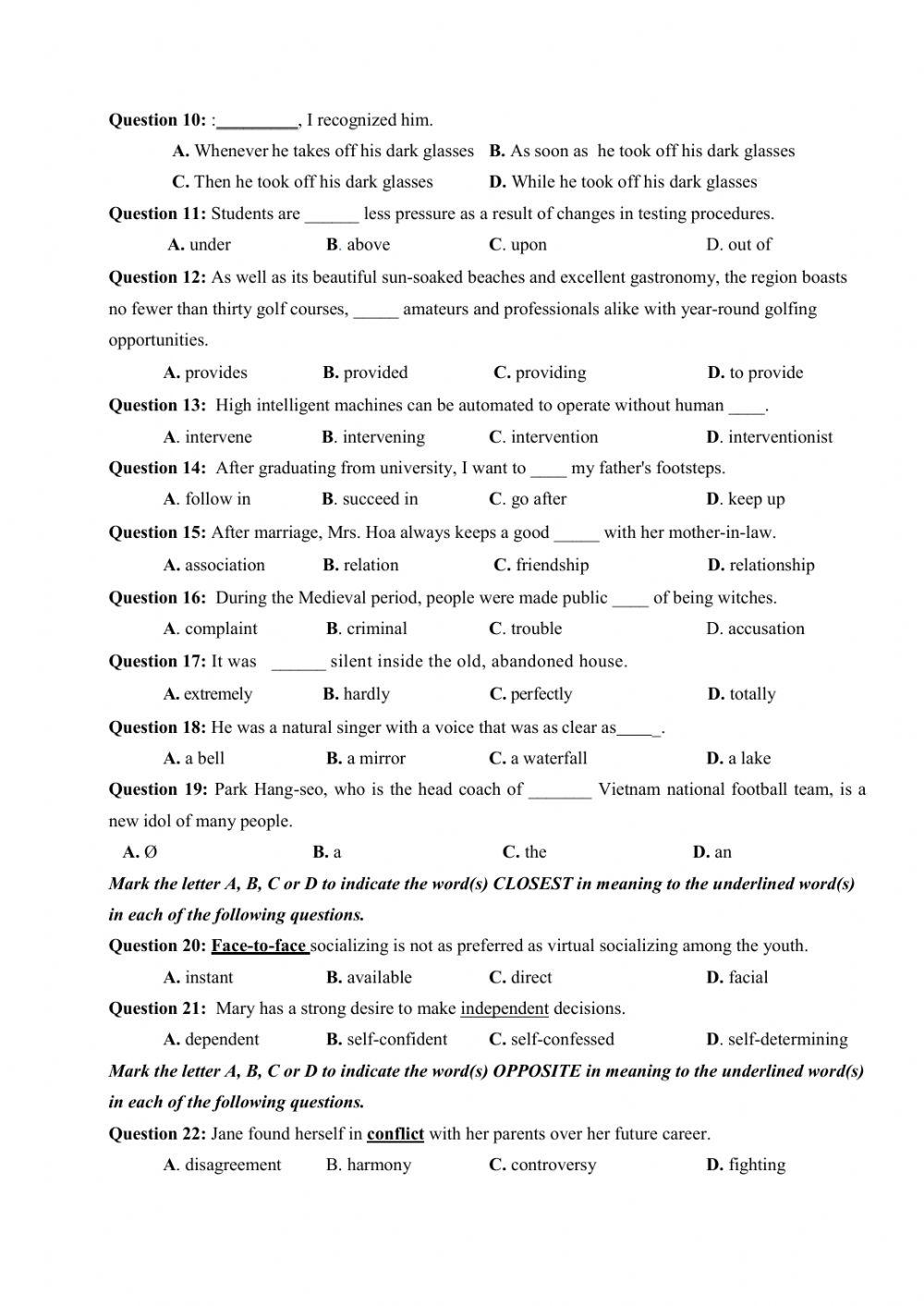 Đề thi thử Tiếng Anh THPT Quốc gia số 42