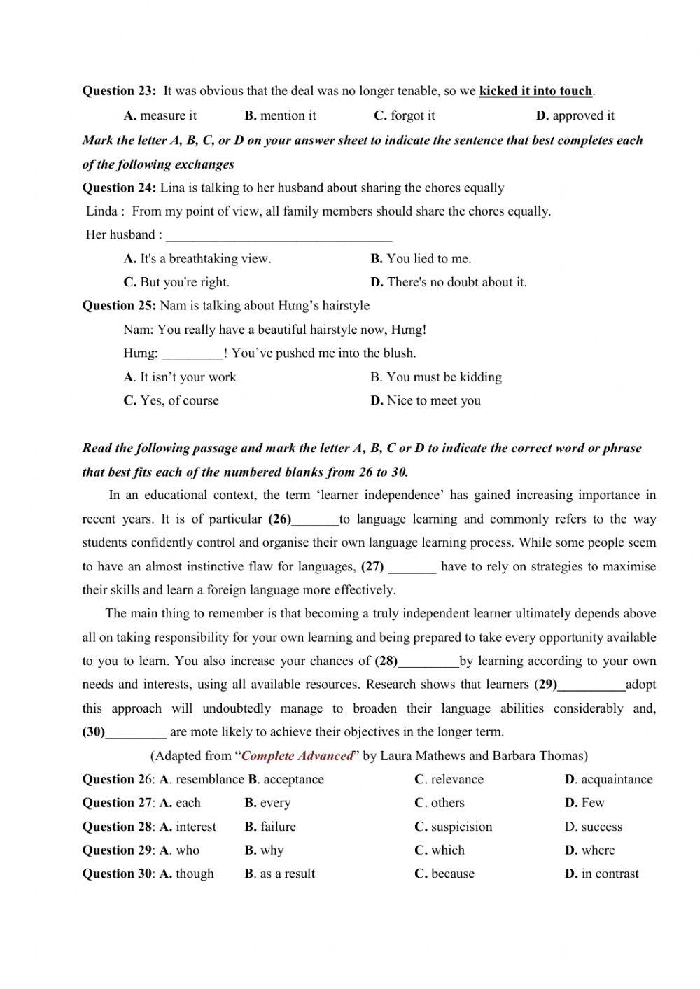 Đề thi thử Tiếng Anh THPT Quốc gia số 42