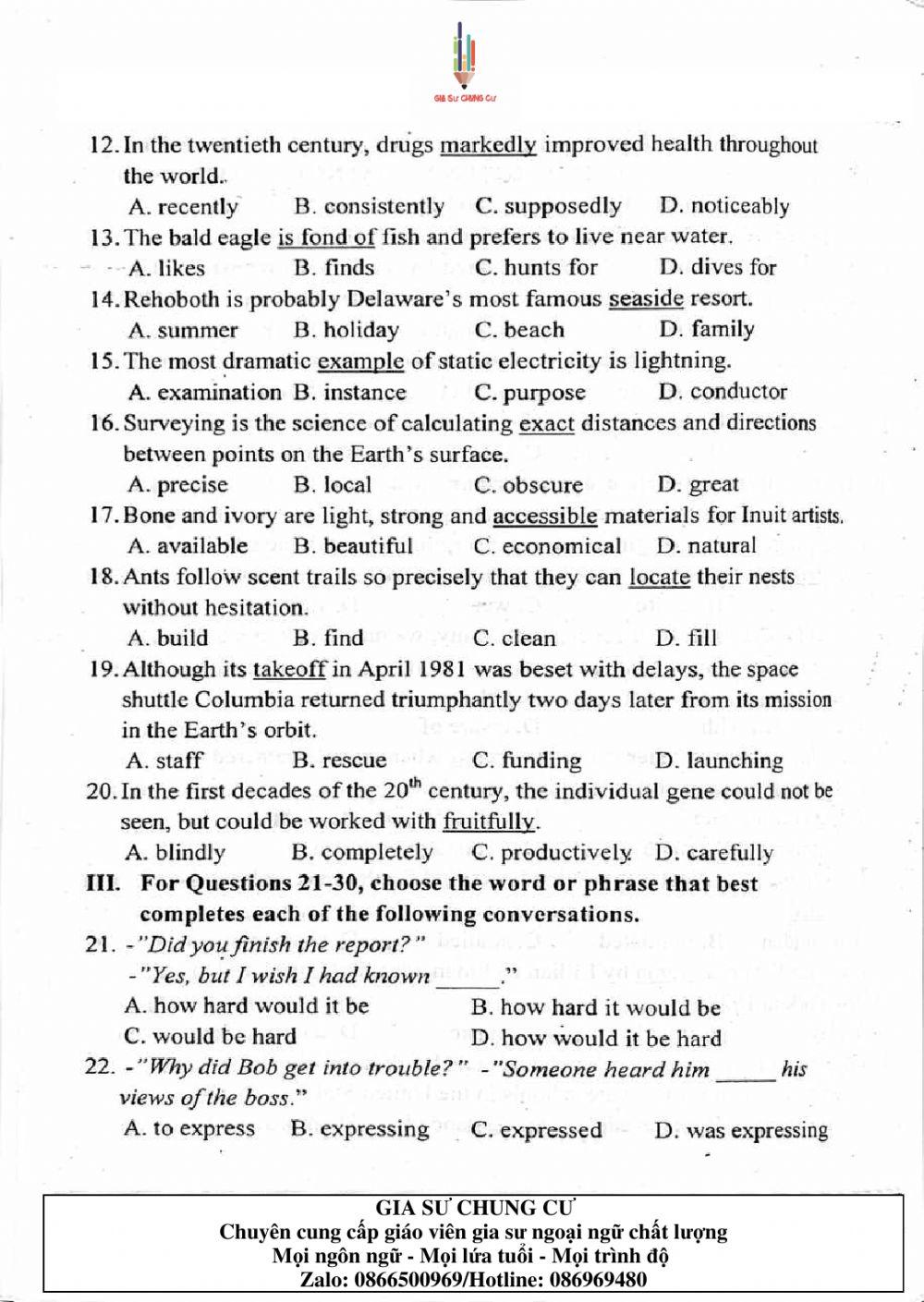 Đề thi Tiếng Anh vào lớp 10 THPT Chuyên Ngoại ngữ
