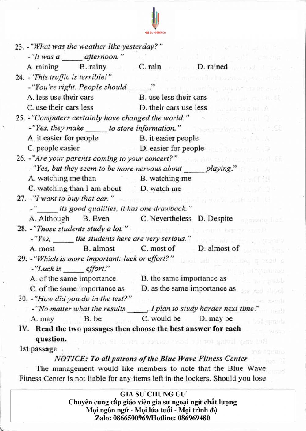 Đề thi Tiếng Anh vào lớp 10 THPT Chuyên Ngoại ngữ