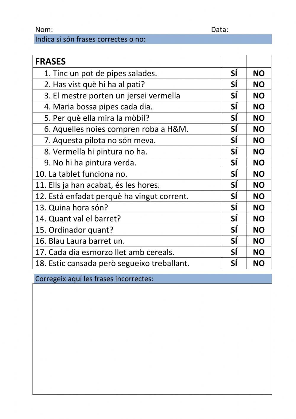 frases correctes o frases incorrectes