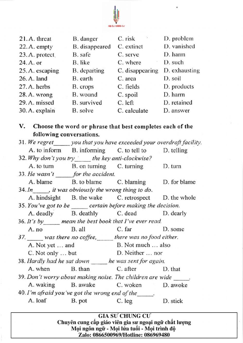 Đề thi Tiếng Anh vào lớp 10 THPT Chuyên Ngoại ngữ số 03