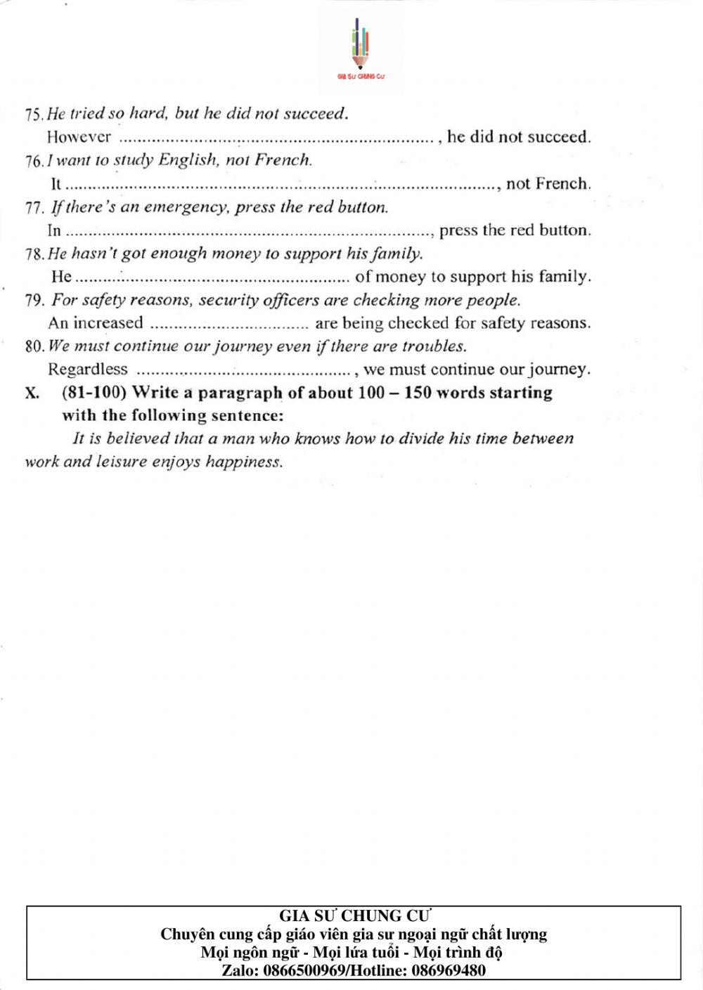 Đề thi Tiếng Anh vào lớp 10 THPT Chuyên Ngoại ngữ số 03